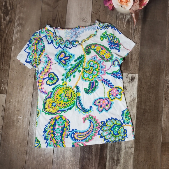 Talbots Petite Colorful Ruffle Paisley Women's Top Size Small Petite NWOT - Picture 1 of 11